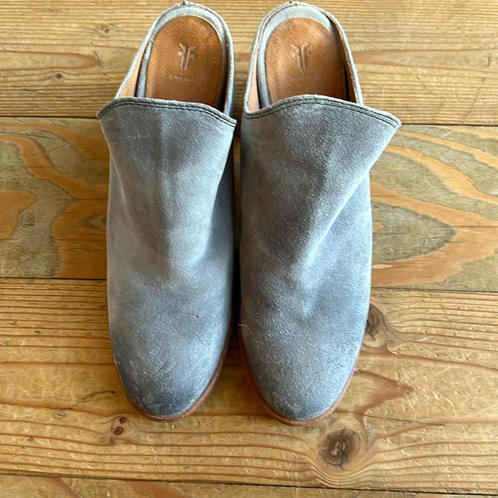 Frye smokey blue suede mules.
